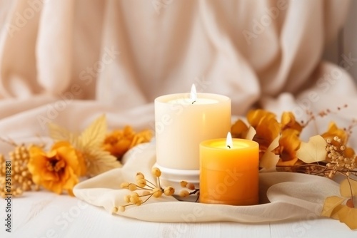 Beautiful, colored burning scented candles for relaxation on a white wooden table