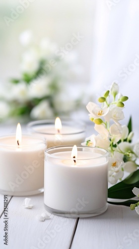 Beautiful, colored burning scented candles for relaxation on a white wooden table