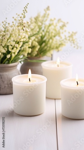 Beautiful, colored burning scented candles for relaxation on a white wooden table