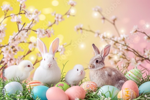 two rabbits are sitting on top of a pile of easter eggs