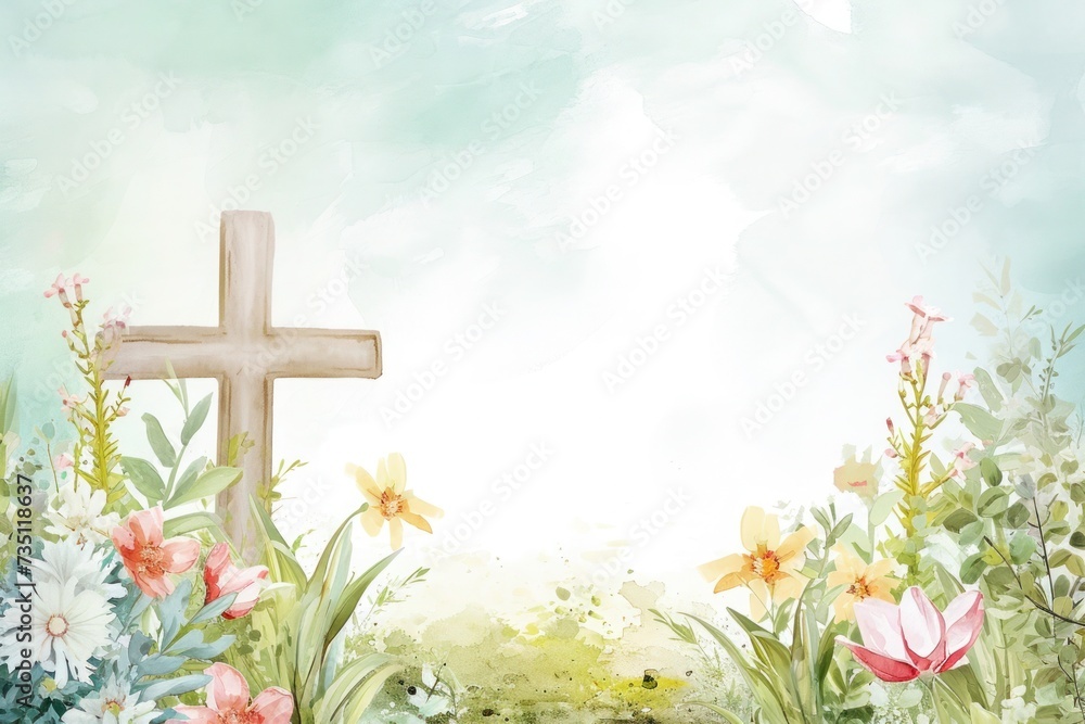 there is a cross in the middle of a field of flowers there is a cross in the middle of a field of flowers
