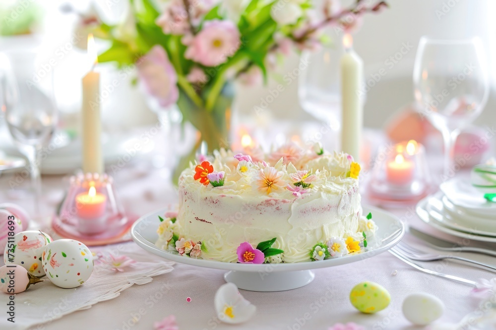 Cake on plate with candles, flowers for wedding ceremony