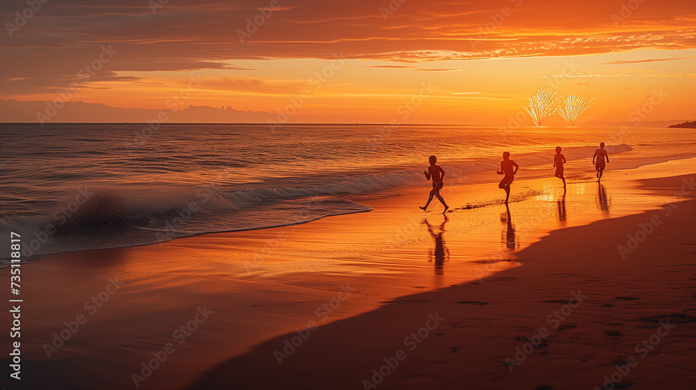 Friends running with fireworks on a beach after sunset, sunset on the beach
