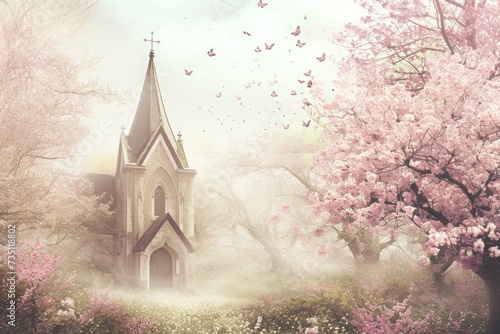 A church surrounded by cherry blossom trees in a forest, under the sky