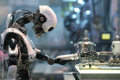 A robot is operating a machine in an engineering laboratory