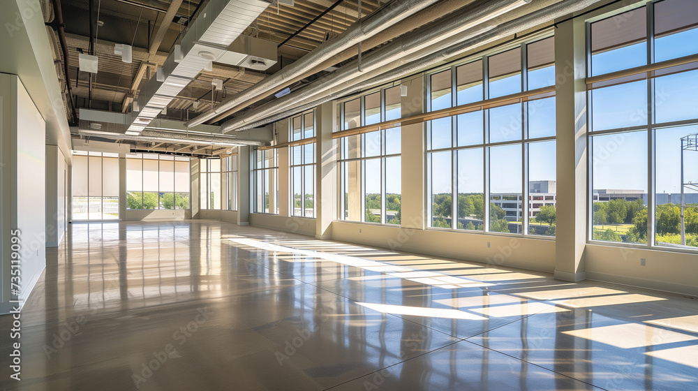 An uninhabited space featuring expansive windows offering a panoramic view of the cityscape. An uninhabited space featuring expansive windows offering a panoramic view of the cityscape.