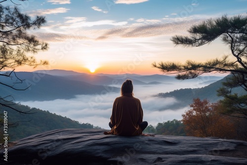 Time for yourself. Morning meditation on top of the mountain.