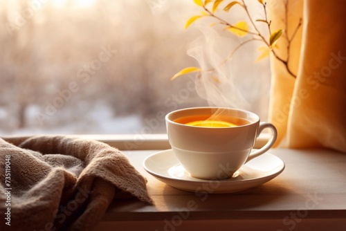 Fragrant and tasty morning cup of warm tea