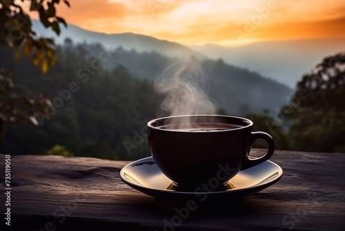 Fragrant and tasty morning cup of coffee with black background at sunrise