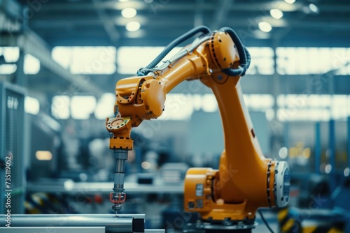 a robotic arm is working on a piece of metal in a factory