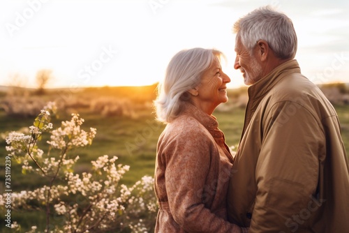 Time for family. Side view of summer couple hugging outside spring nature at sunset