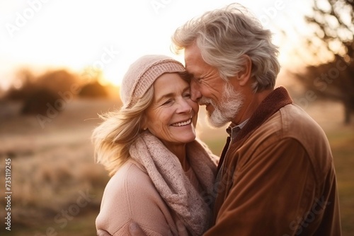 Time for family. Side view of summer couple hugging outside spring nature at sunset