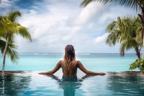 Vacation at beach resort  back side woman enjoying seascape from infinity pool  luxury summer vacation  travel and tourism concept