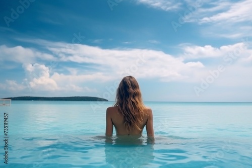 Vacation at beach resort  back side woman enjoying seascape from infinity pool  luxury summer vacation  travel and tourism concept