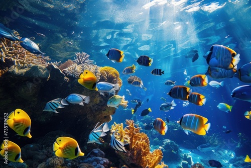 Fish swimming near a coral reef in the oceans natural underwater environment