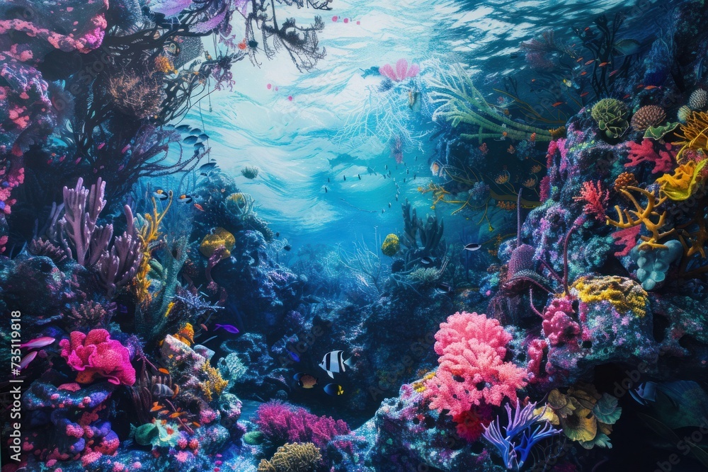 Naklejka premium Underwater painting of a vibrant magenta stony coral reef in the ocean