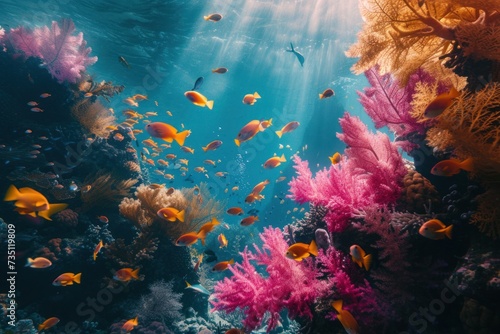 a group of fish are swimming in a coral reef