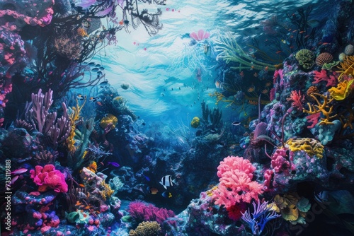 Underwater painting of a vibrant magenta stony coral reef in the ocean