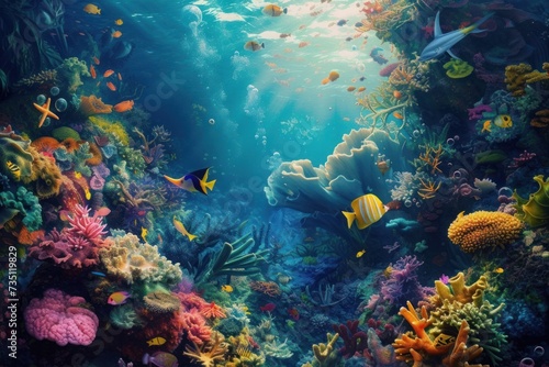 Underwater environment teeming with coral reefs and vibrant marine life