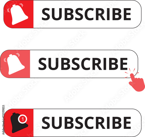 Botón de suscripción Campana, botón de icono de notificación y clic del cursor de mano. Botón rojo suscribirse. vector