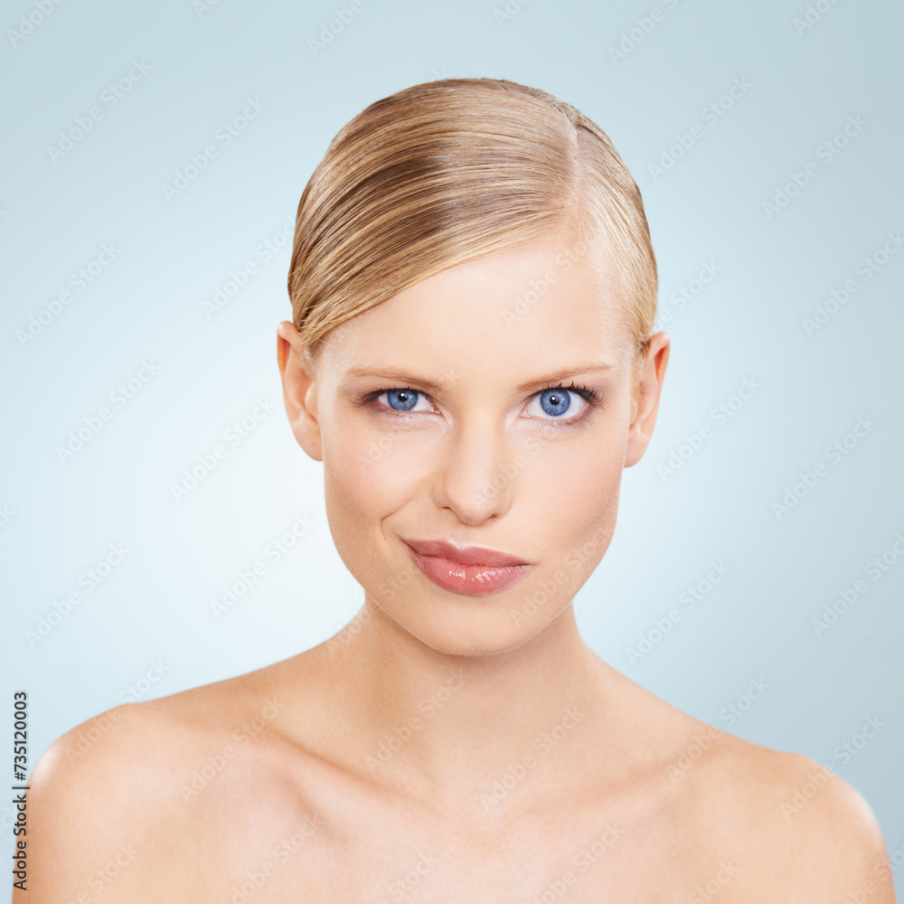 Portrait, beauty and funny face with natural woman in studio on blue background for wellness or cosmetics. Skincare, facial and makeup with confident young model at spa for dermatology or comedy Portrait, beauty and funny face with natural woman in studio on blue background for wellness or cosmetics. Skincare, facial and makeup with confident young model at spa for dermatology or comedy