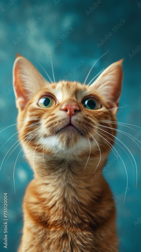 Curious Orange Tabby Cat Looking Upwards Against a Blue Textured Background
