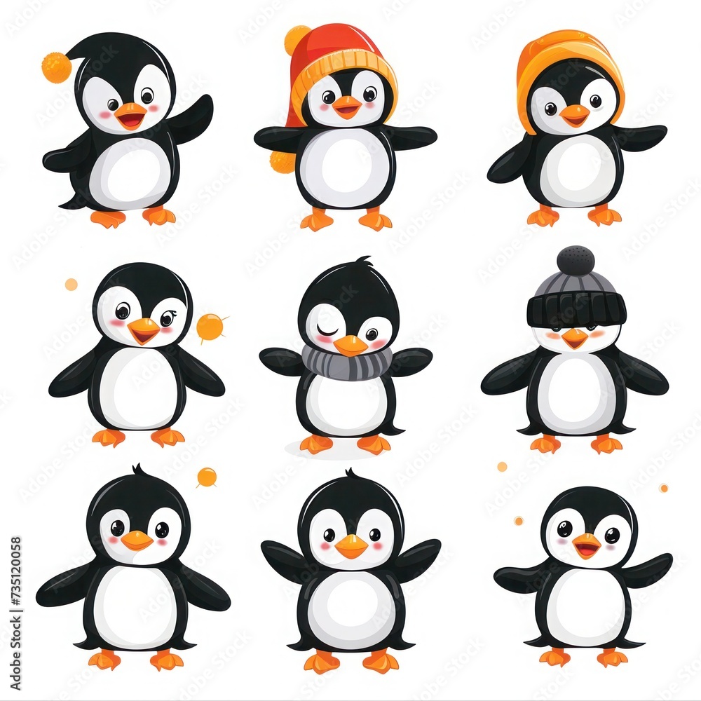 Naklejka premium Penguins in assorted hats and scarves display cute facial expressions