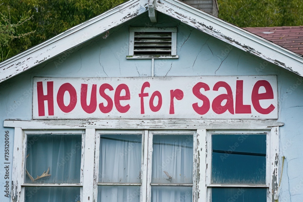 Property for sale with sign on side of building in rural area Property for sale with sign on side of building in rural area