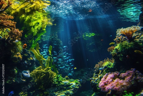 Sunlight shining through water illuminates coral reef