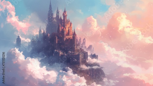 Majestic Fantasy Castle Soaring Above Clouds at Sunset