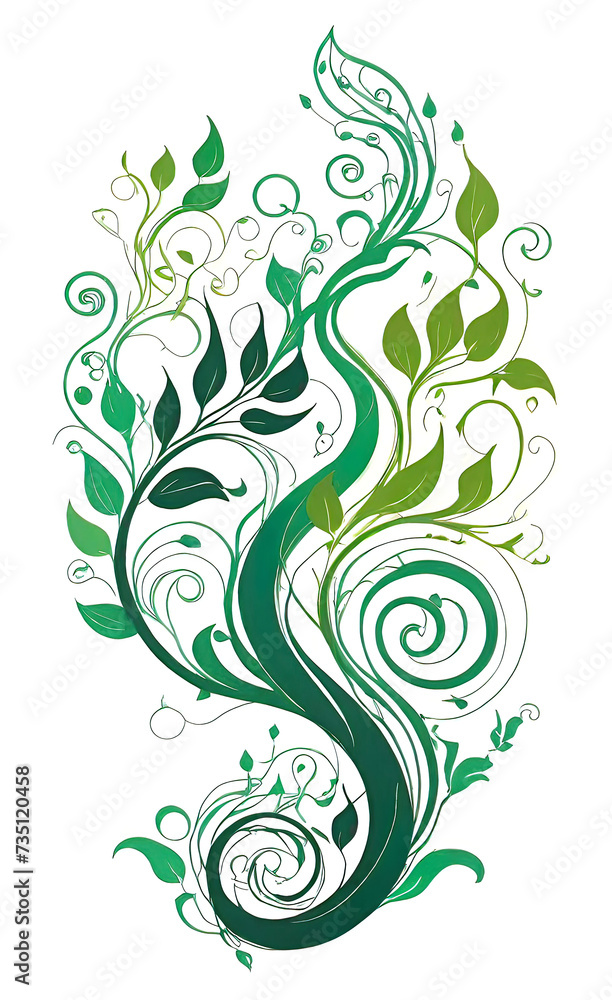vector wallpaper design of green vines and spiral flames isolated on white background, abstract floral ornament for design, vector wallpaper design of green vines and spiral flames isolated on white background, abstract floral ornament for design,