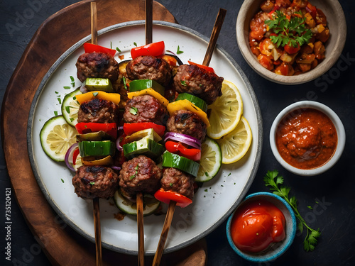 Turkish kofta kebabs with seasoned ground meat and grilled vegetables. photo