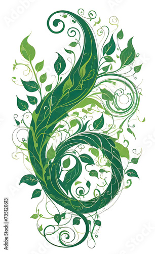 vector wallpaper design of green vines and spiral flames isolated on white background  abstract floral ornament for design 