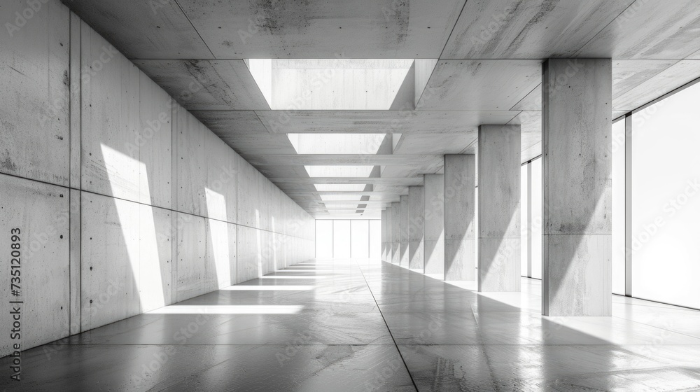 A monochromatic marvel of symmetry, the indoor composite material lines the floor and ceiling of this expansive room, illuminated by natural light pouring in through large windows