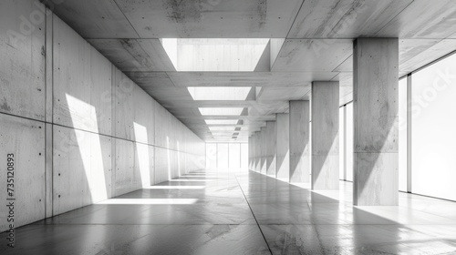 A monochromatic marvel of symmetry  the indoor composite material lines the floor and ceiling of this expansive room  illuminated by natural light pouring in through large windows