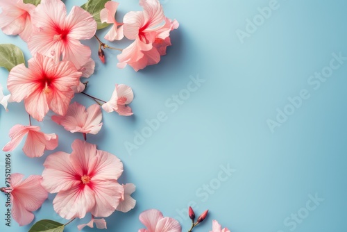 Flowers on blue background with space for text. perfect for spring themed designs, greeting cards, invitations, wallpapers, botanical illustrations, and feminine branding projects.
