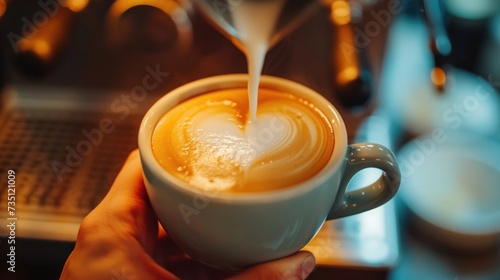 hands of a barista holding a cup of coffee decorated with a heart on milk foam, poster, banner