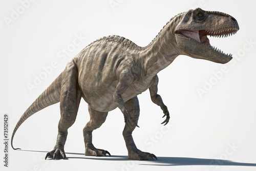 A 3D allosaurus walking on a white background. Generative AI