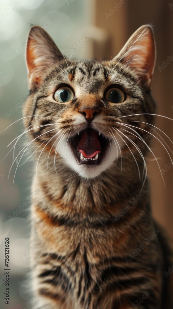 Tabby Cat With Mouth Open Wide in an Indoor Setting Captured in a Candid Moment