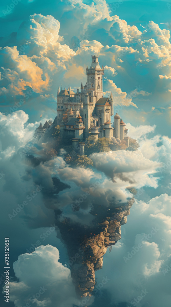 Majestic Floating Castle Above the Clouds in a Serene Blue Sky at Dusk