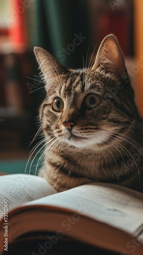 Tabby Cat Sitting Beside an Open Book in a Cozy Home Setting