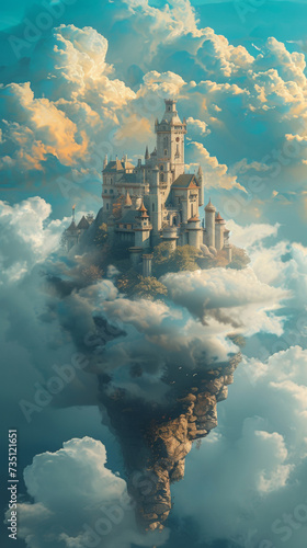 Majestic Floating Castle Above the Clouds in a Serene Blue Sky at Dusk