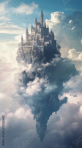 Majestic Floating Castle Above Clouds in a Fantasy Sky at Twilight © Viktoriia