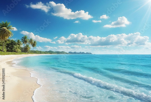 Calm tropical sea and sandy beach with blue sky background. Beautiful seascape, coastal, ocean poster
