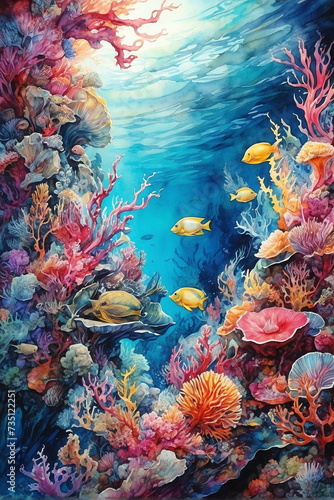 Marine life in watercolor illustration. Underwater world. Coral reef with fish.Poster