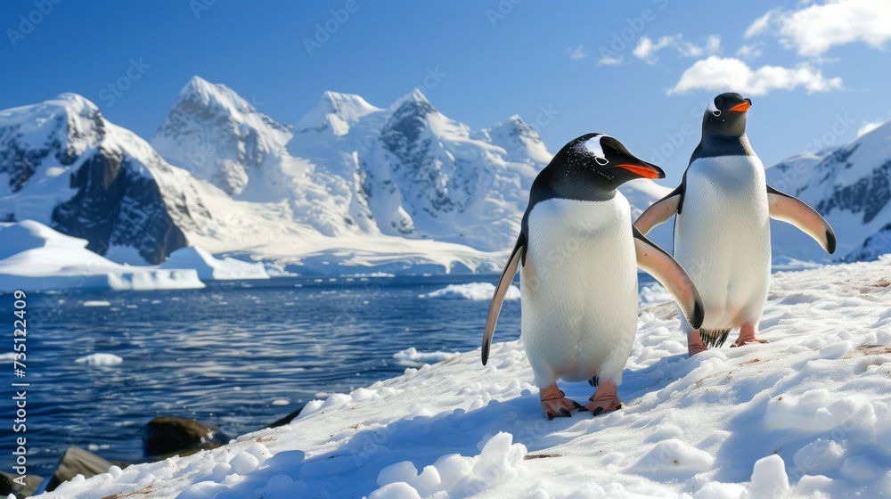 Charming Penguin Couple Waddling in Snow AI Generated.