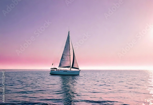 Sailboat in a calm sea during a bright sunset with pink clouds, vacation on a yacht in the ocean or on the islands, tourism and recreation,