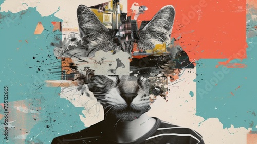 Abstract Digital Artwork Featuring a Cat and Urban Elements on a Textured Background