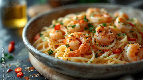 A dish of spaghetti pasta with prawns and parsley. 