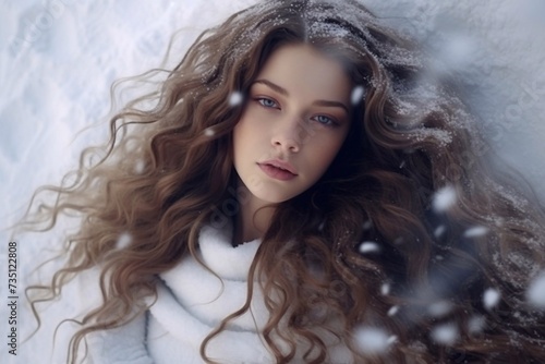hot beautiful girl with full lips and long hair and rounded shapes lies in the snow at full height, photo from above